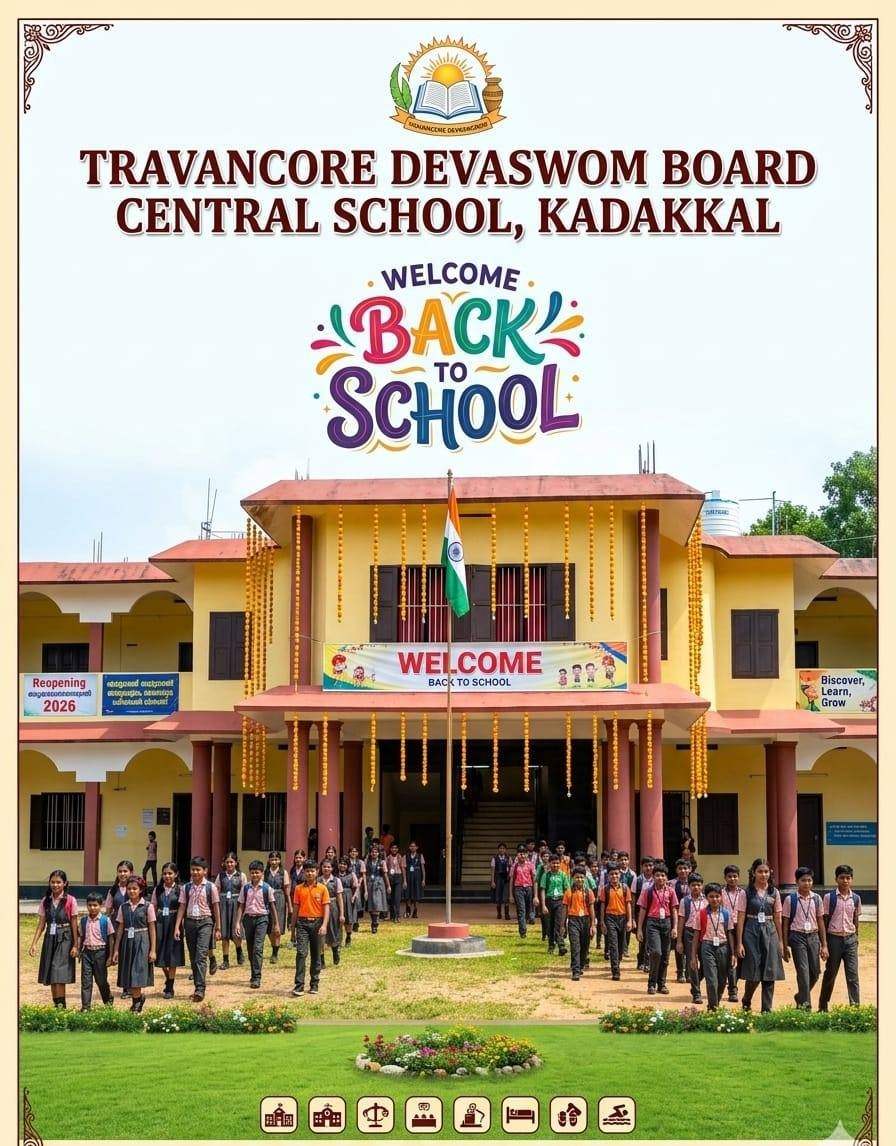 A welcome-back-to-school poster showing the school block hung with marigold garlands and pupils walking out towards the flagstaff.